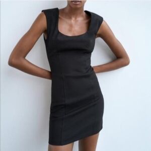 NWT- Zara Black Fitted Stretchy Square Neck Cap Sleeves Mini Dress- Size Medium